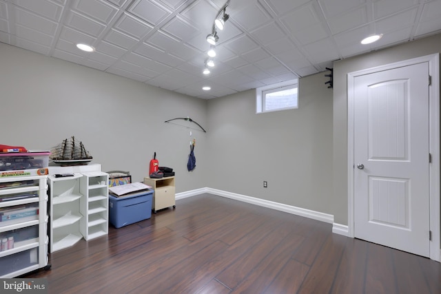 office space featuring recessed lighting, baseboards, and dark wood-style floors