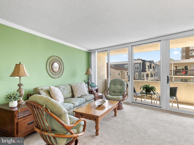 8500 Coastal Hwy Unit 107, Ocean City, MD 21842 - living room with carpet floors, a textured ceiling, and crown molding