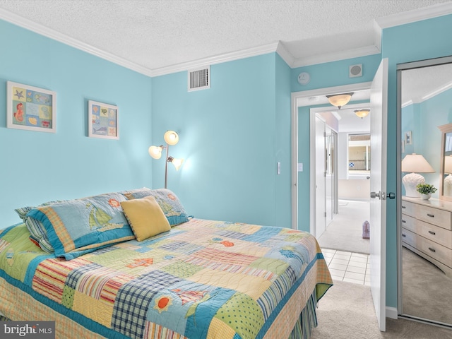 8500 Coastal Hwy Unit 107, Ocean City, MD 21842 - carpeted bedroom featuring a textured ceiling, ornamental molding, and visible vents