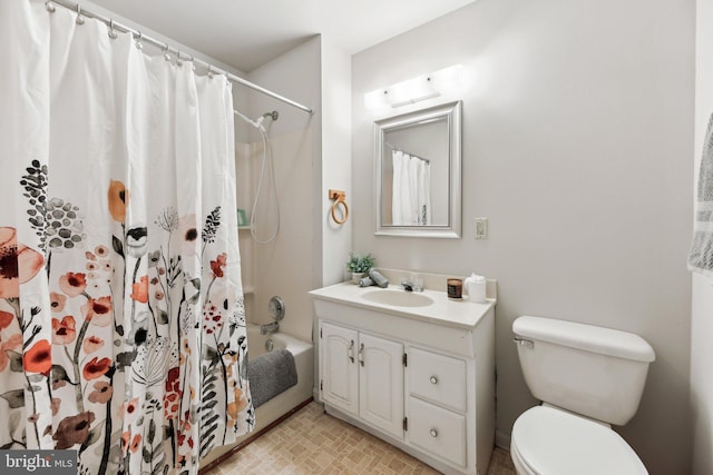 full bathroom with toilet, shower / bath combination with curtain, and vanity