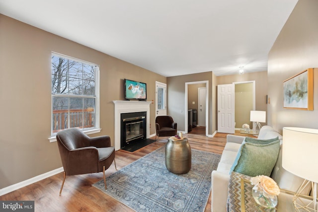 living room with a fireplace with flush hearth, baseboards, and wood finished floors