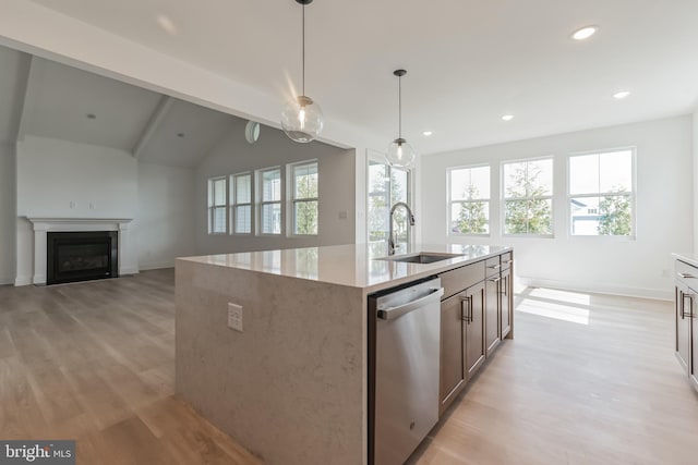 kitchen featuring stainless steel dishwasher, a sink, a glass covered fireplace, and light wood-style floors