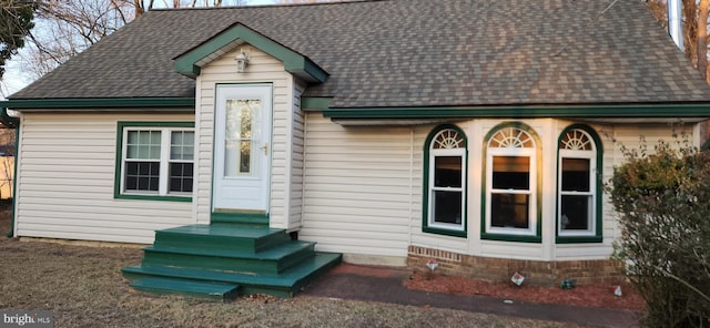 view of front facade with entry steps and roof with shingles