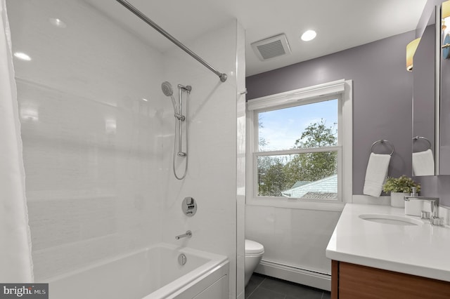 bathroom with bathtub / shower combination, toilet, a baseboard heating unit, visible vents, and vanity