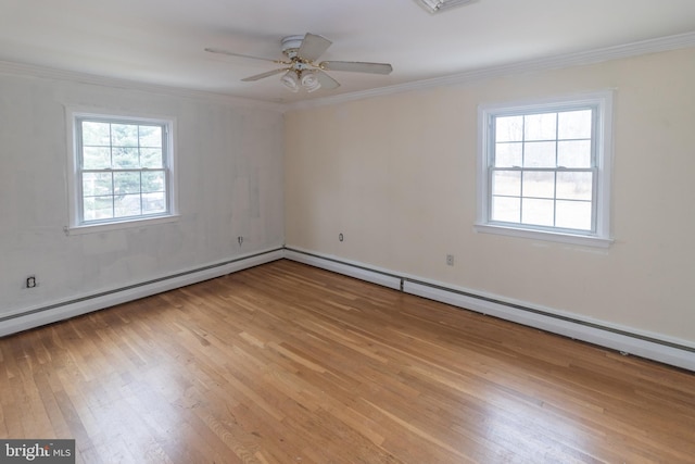 unfurnished room featuring crown molding, light wood-style flooring, baseboard heating, and ceiling fan