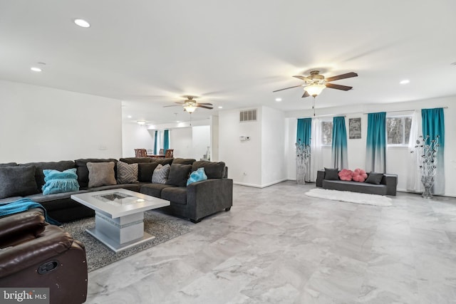 living room with visible vents, a ceiling fan, and recessed lighting