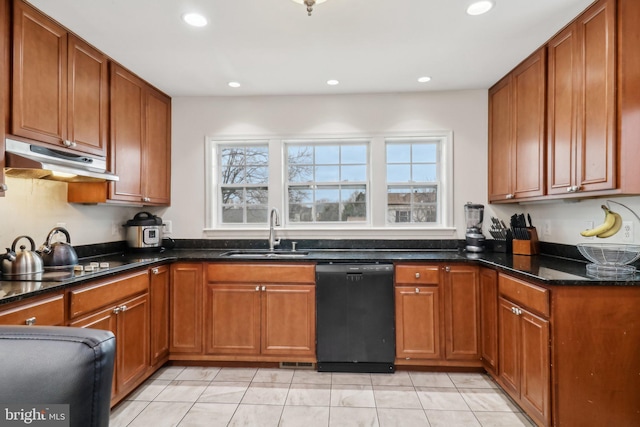 kitchen with recessed lighting, under cabinet range hood, a sink, black dishwasher, and brown cabinets