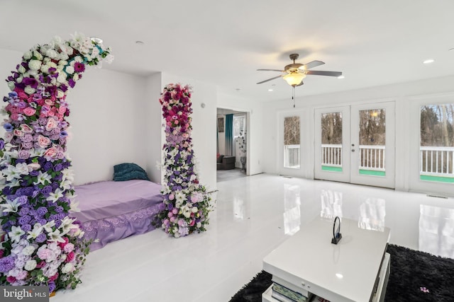 bedroom with access to outside, ceiling fan, and recessed lighting