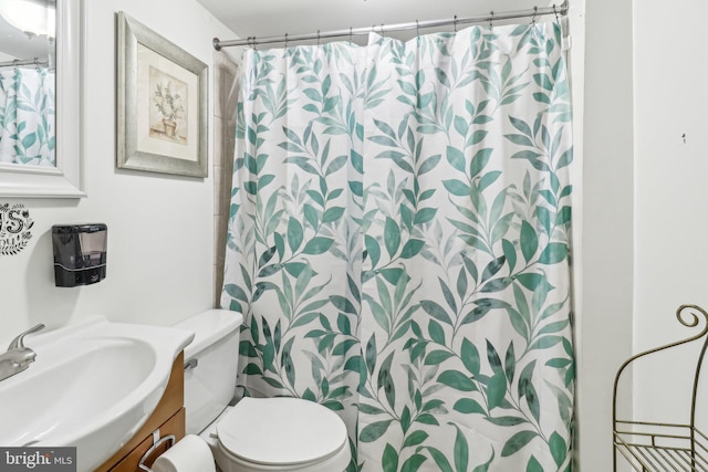 full bathroom featuring toilet, curtained shower, and vanity