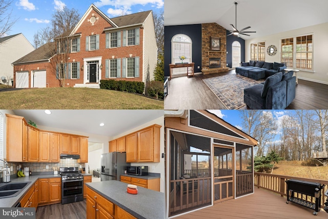 kitchen with dark wood finished floors, open floor plan, stainless steel appliances, and high vaulted ceiling