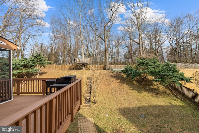 view of yard with a wooden deck and a fenced backyard