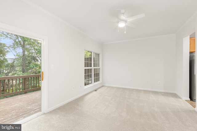 6185 Newton Ln, Bealeton, VA 22712 - spare room featuring crown molding, healthy amount of natural light, light colored carpet, a ceiling fan, and baseboards