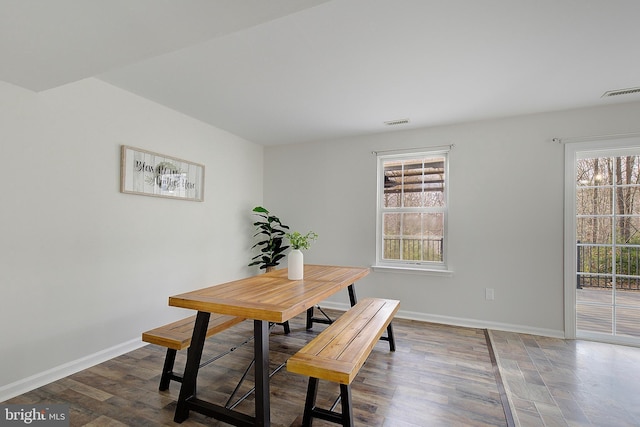 dining room featuring visible vents, baseboards, and wood finished floors