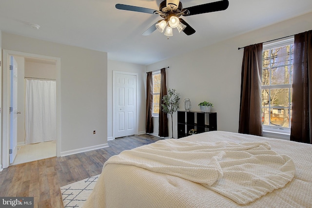 bedroom with ceiling fan, multiple windows, baseboards, and wood finished floors