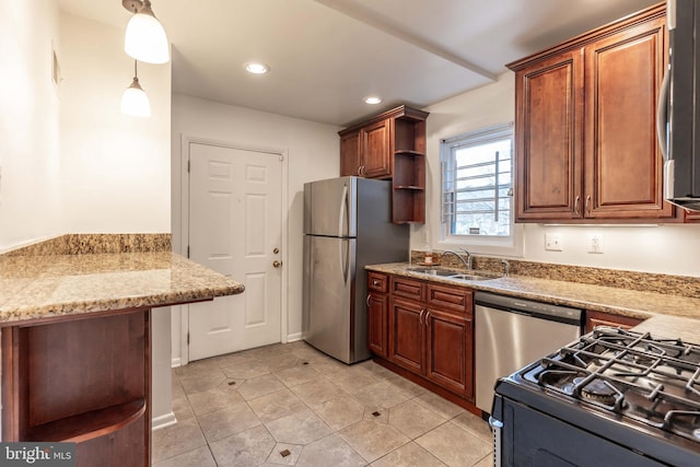 kitchen with open shelves, freestanding refrigerator, gas stove, a sink, and dishwashing machine