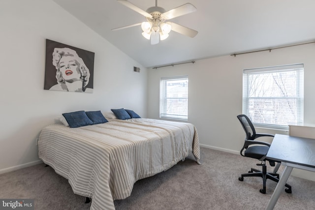 bedroom featuring vaulted ceiling, carpet floors, visible vents, and baseboards