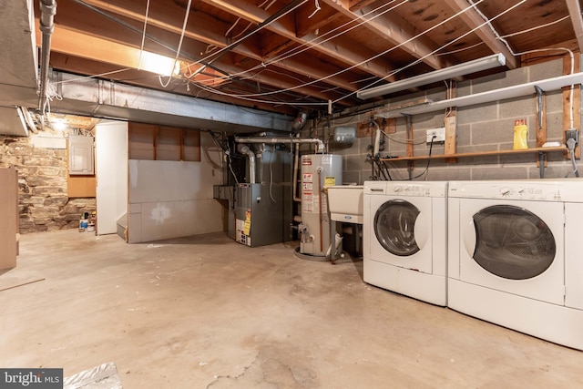 unfinished basement with heating unit, washing machine and dryer, water heater, and electric panel