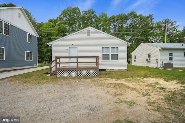 back of property featuring cooling unit and crawl space