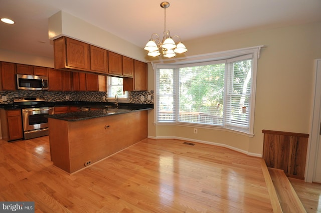 kitchen featuring a peninsula, visible vents, appliances with stainless steel finishes, brown cabinets, and decorative backsplash