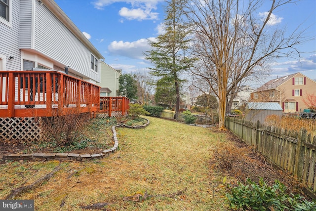 view of yard featuring a fenced backyard and a deck