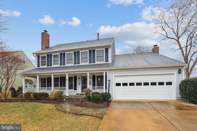 colonial house featuring an attached garage, covered porch, concrete driveway, a front lawn, and a chimney