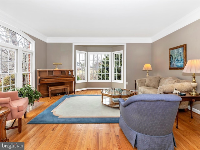 living area featuring crown molding, baseboards, and wood finished floors