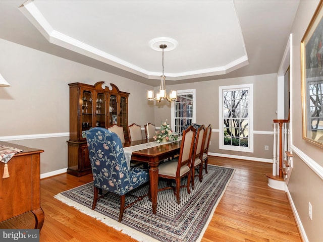 dining room with wood finished floors, a raised ceiling, and baseboards