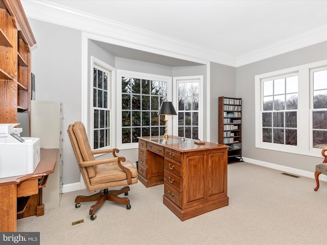 office area with light carpet, visible vents, ornamental molding, and baseboards