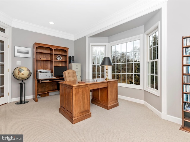 office featuring light carpet, baseboards, ornamental molding, and recessed lighting