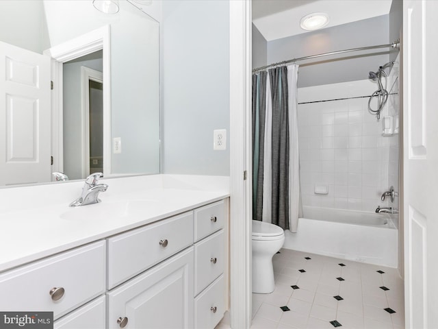 full bathroom with shower / bathtub combination with curtain, vanity, toilet, and tile patterned floors