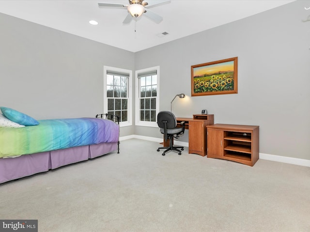 carpeted bedroom featuring visible vents, baseboards, a ceiling fan, and recessed lighting