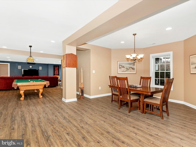 dining space with recessed lighting, billiards, baseboards, and wood finished floors