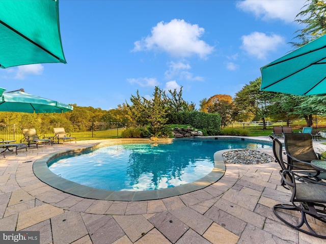 view of pool featuring a patio, fence, and a fenced in pool