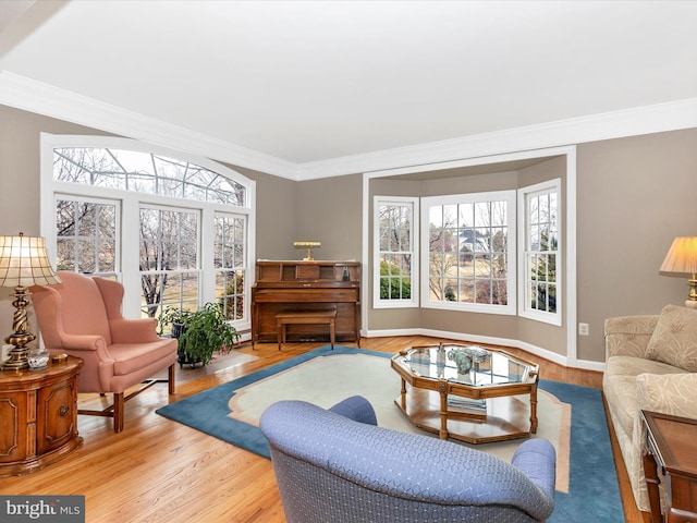 living area with crown molding, baseboards, and wood finished floors