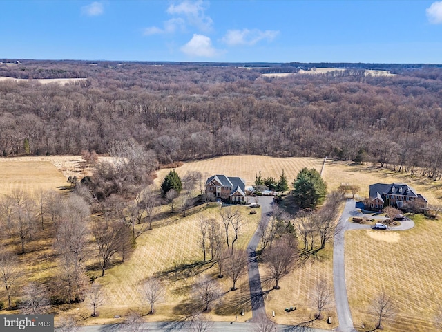 drone / aerial view featuring a forest view and a rural view