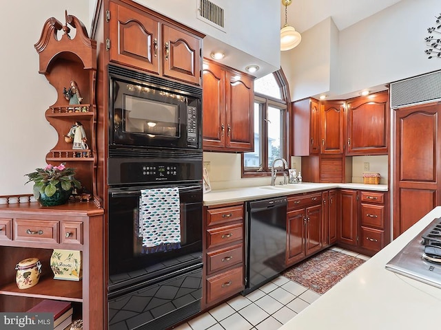 kitchen featuring a warming drawer, open shelves, light countertops, a sink, and black appliances