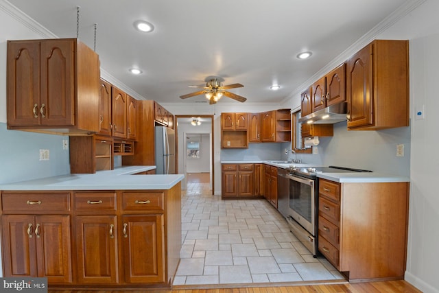 kitchen featuring open shelves, appliances with stainless steel finishes, brown cabinetry, a peninsula, and under cabinet range hood