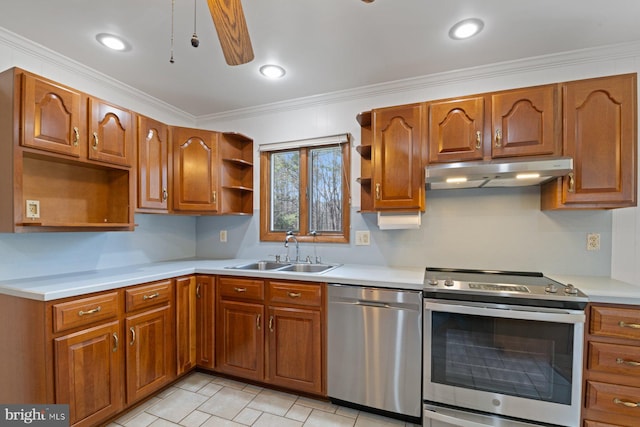 kitchen featuring brown cabinets, open shelves, appliances with stainless steel finishes, a sink, and under cabinet range hood