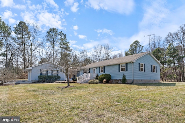 single story home with crawl space and a front yard