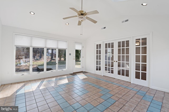 unfurnished sunroom featuring vaulted ceiling, french doors, visible vents, and a ceiling fan