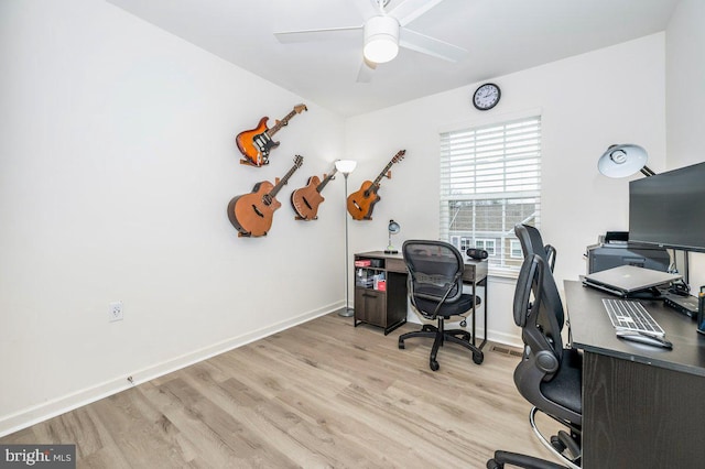 home office featuring light wood-type flooring, visible vents, ceiling fan, and baseboards