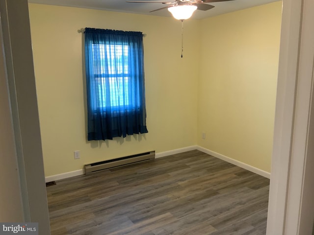 13176 Gearhart Rd, Greencastle, PA 17225 - empty room featuring dark wood-style floors, a ceiling fan, baseboards, and a baseboard radiator