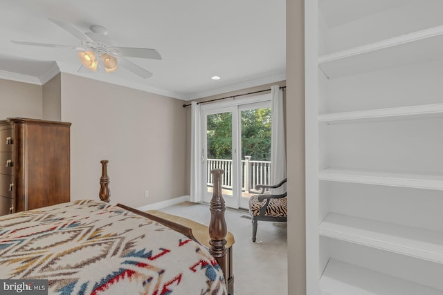 bedroom featuring a ceiling fan, access to outside, crown molding, and baseboards