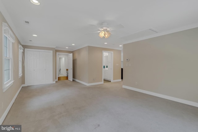 unfurnished bedroom featuring recessed lighting, visible vents, crown molding, and baseboards