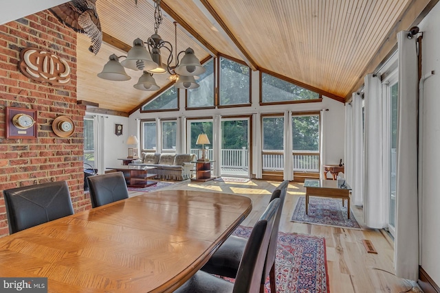 sunroom / solarium with lofted ceiling with beams, wood ceiling, and a notable chandelier