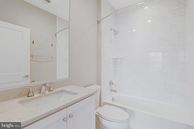 full bath featuring visible vents, vanity, toilet, and  shower combination