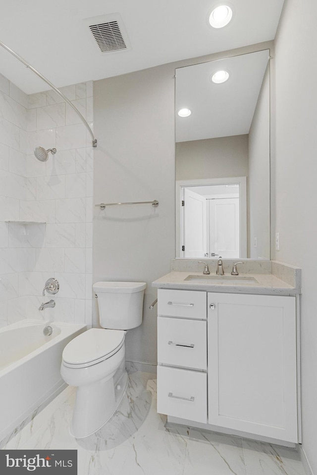 bathroom with vanity, visible vents, shower / tub combination, toilet, and marble finish floor