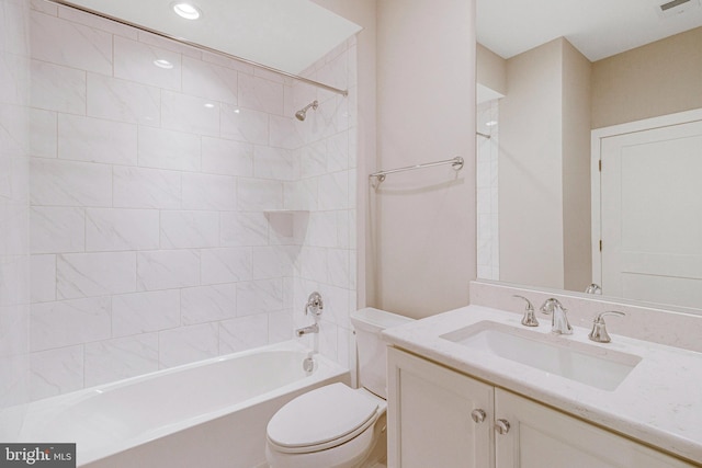 full bath featuring vanity, toilet, tub / shower combination, and visible vents