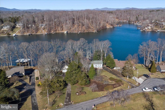 drone / aerial view with a water and mountain view and a view of trees