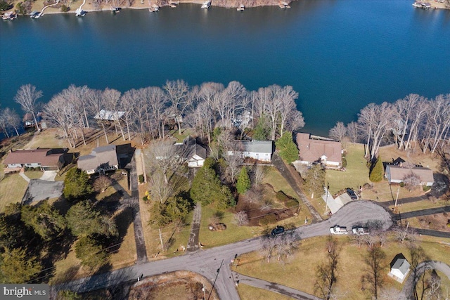 drone / aerial view featuring a water view